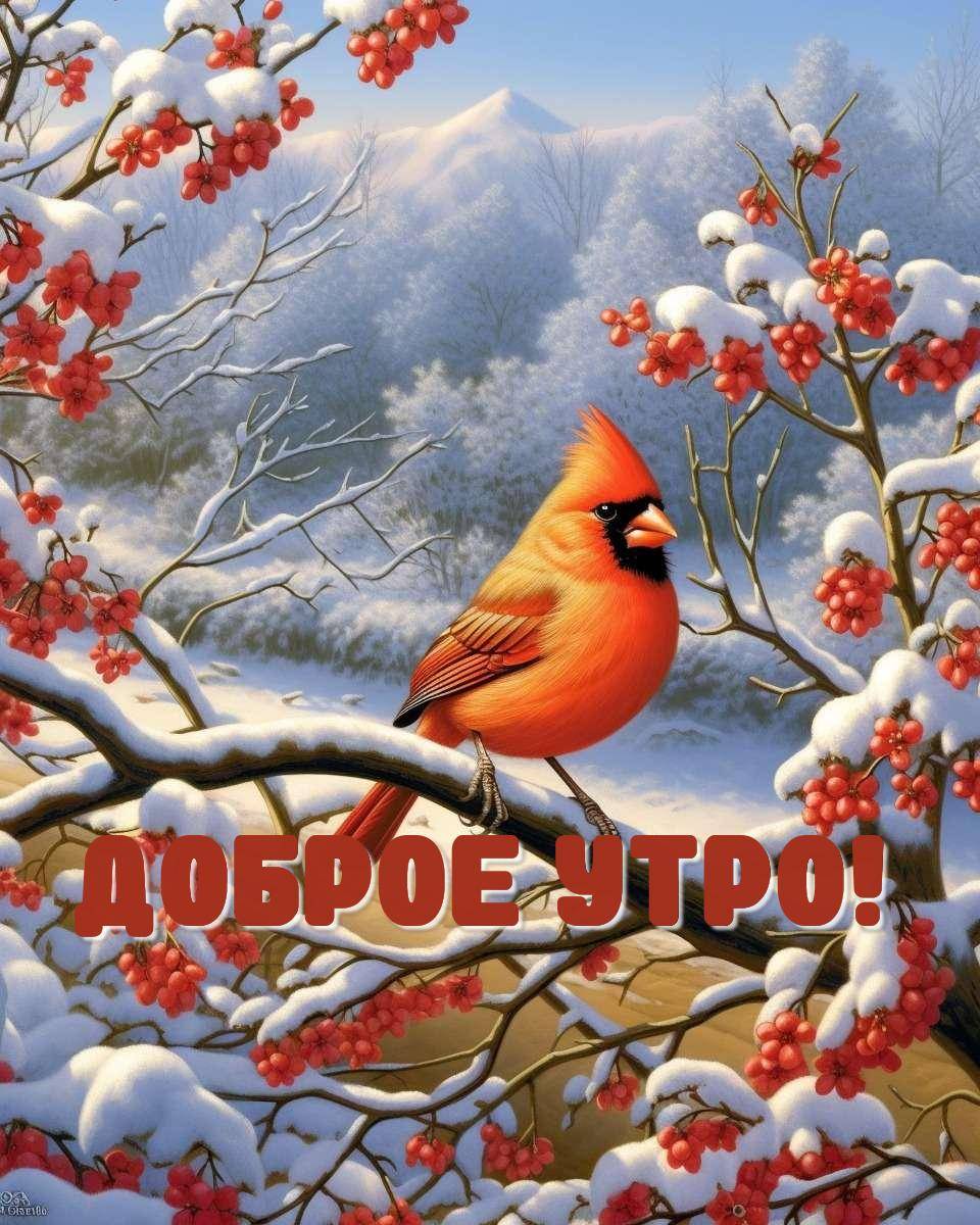 Снежное утро с кардиналом на ветке