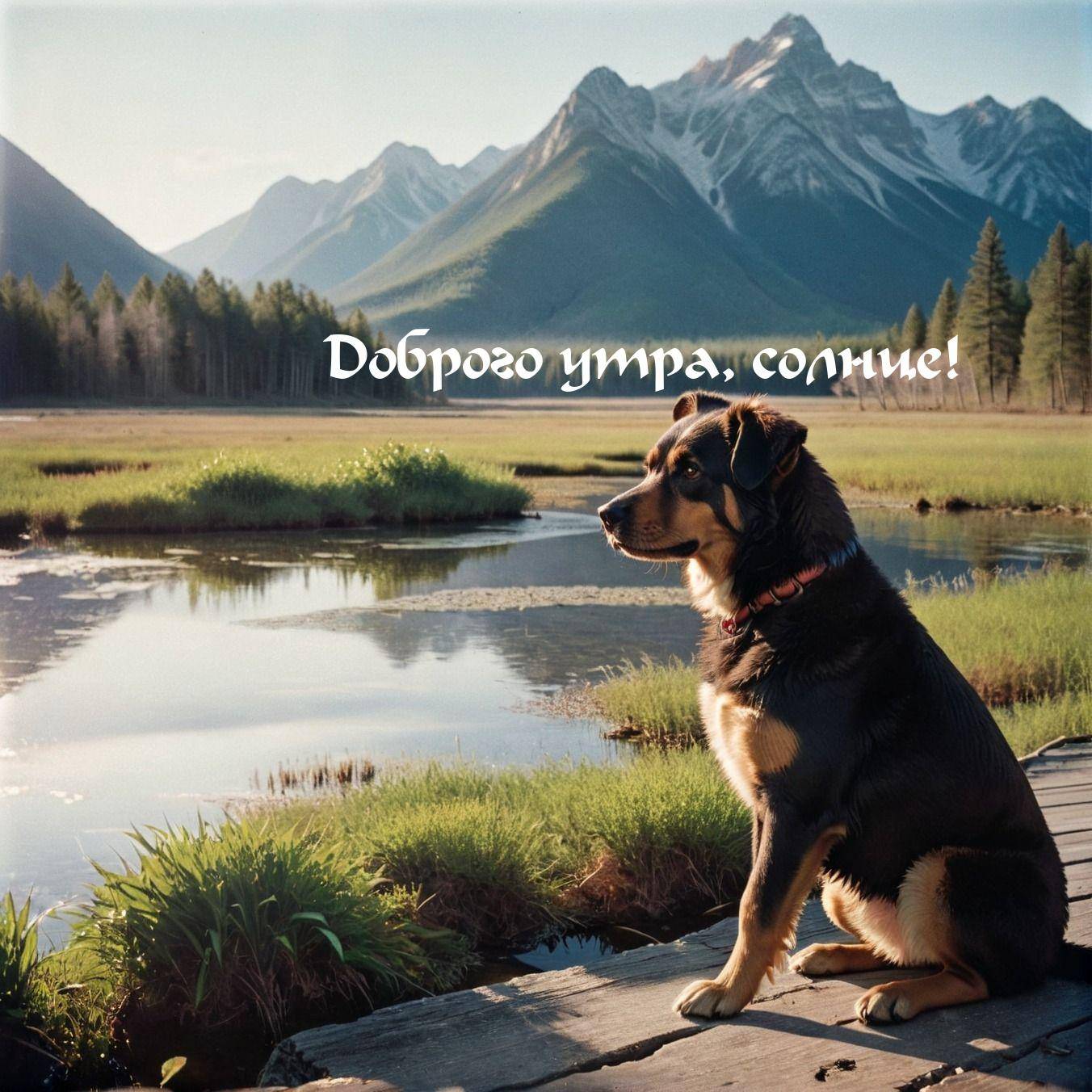 Собака на мостике у водоема