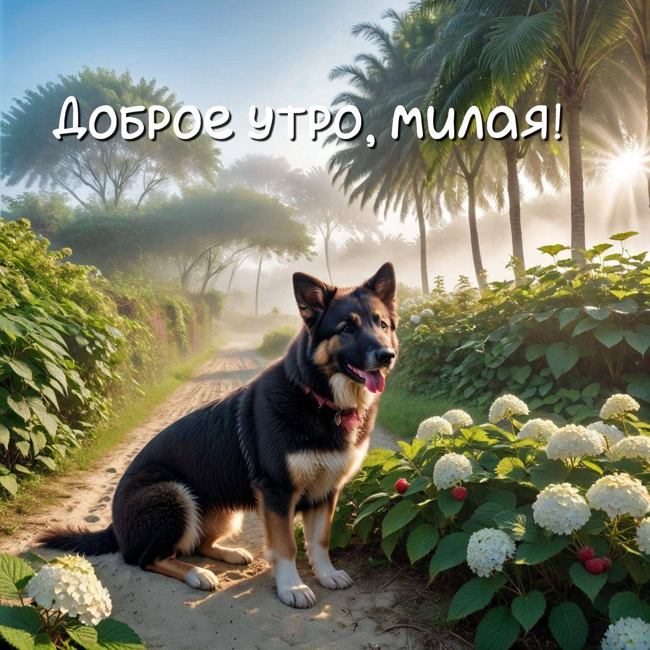 Собака на песчаной дорожке, окруженной растениями и цветами.