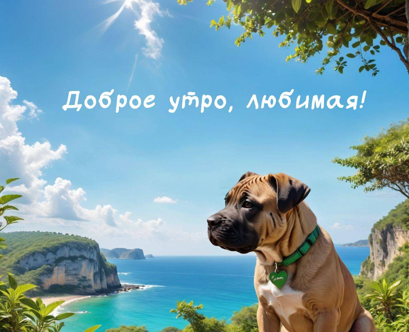 Собака утром, морской пляж на фоне гор и ясного неба