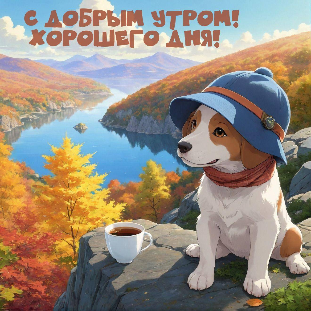 Собака в капюшоне и шарфе на скале в осеннем пейзаже