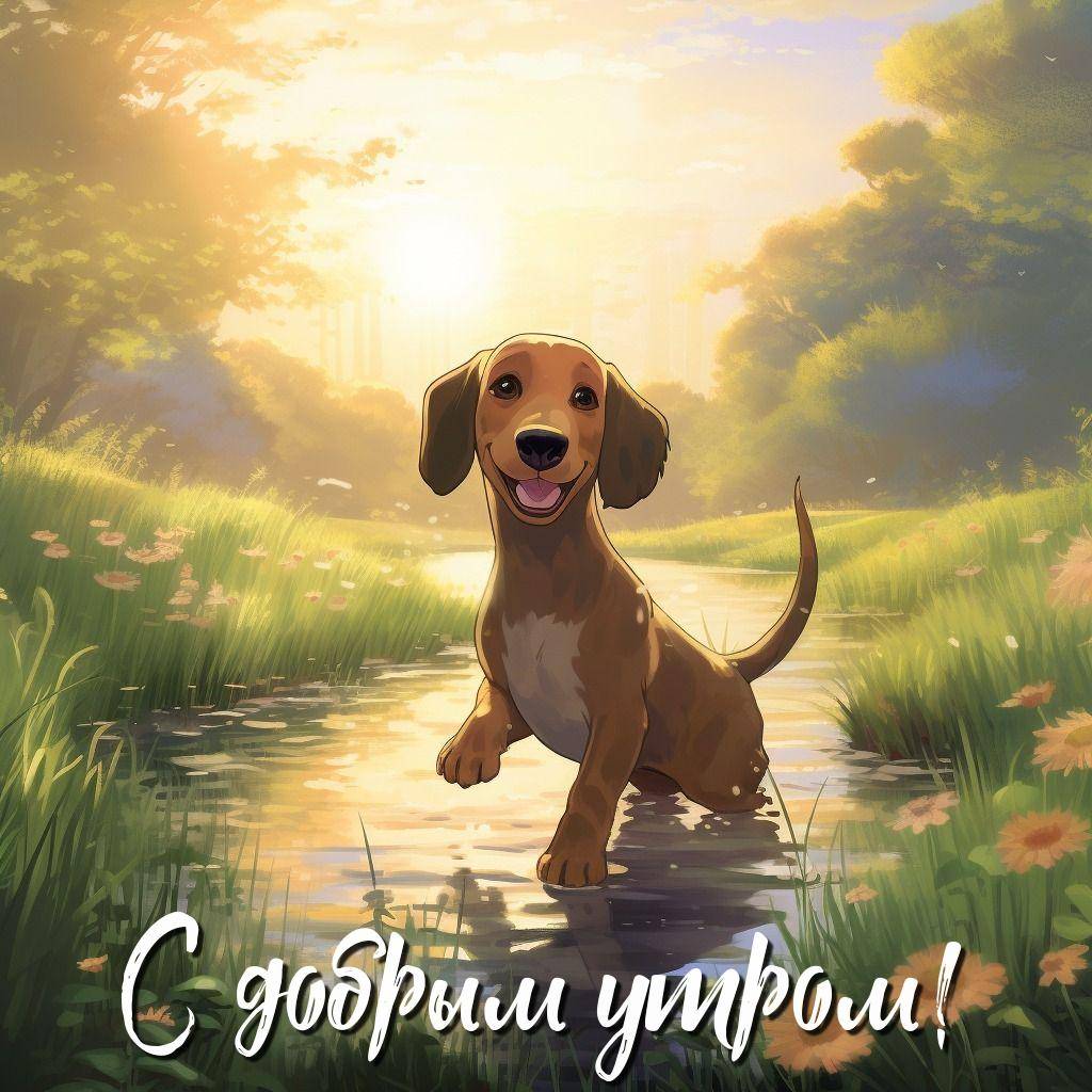 Собака в воде, окружённая цветами и зеленью