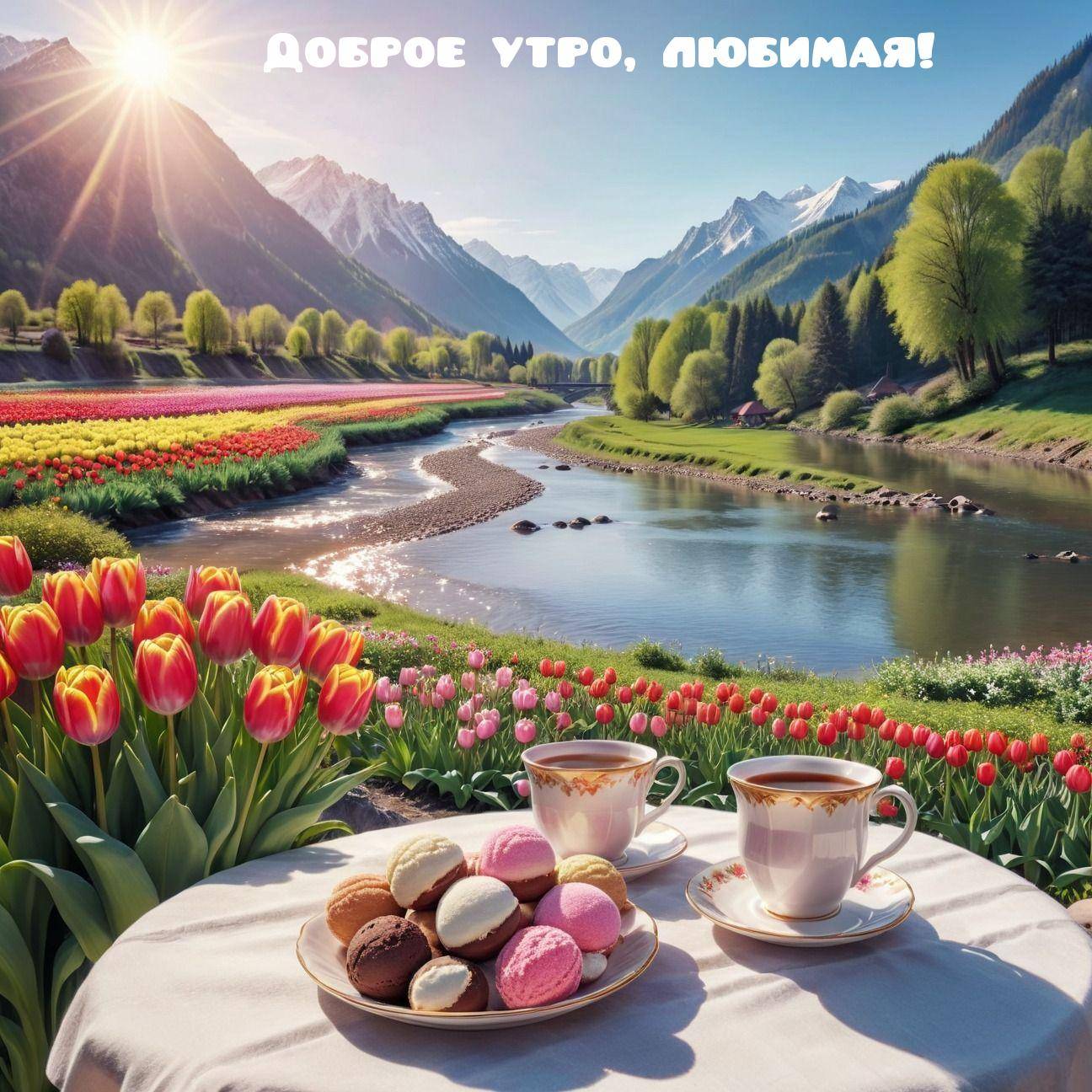 Солнечная сцена с цветами и чаем