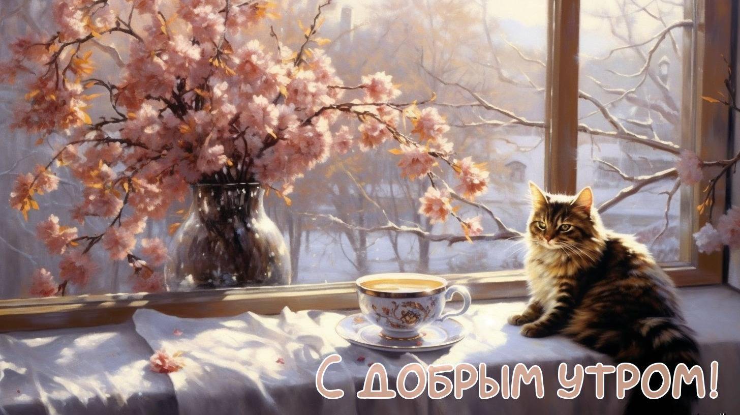 Солнечные лучи, сакура, кофе, кот