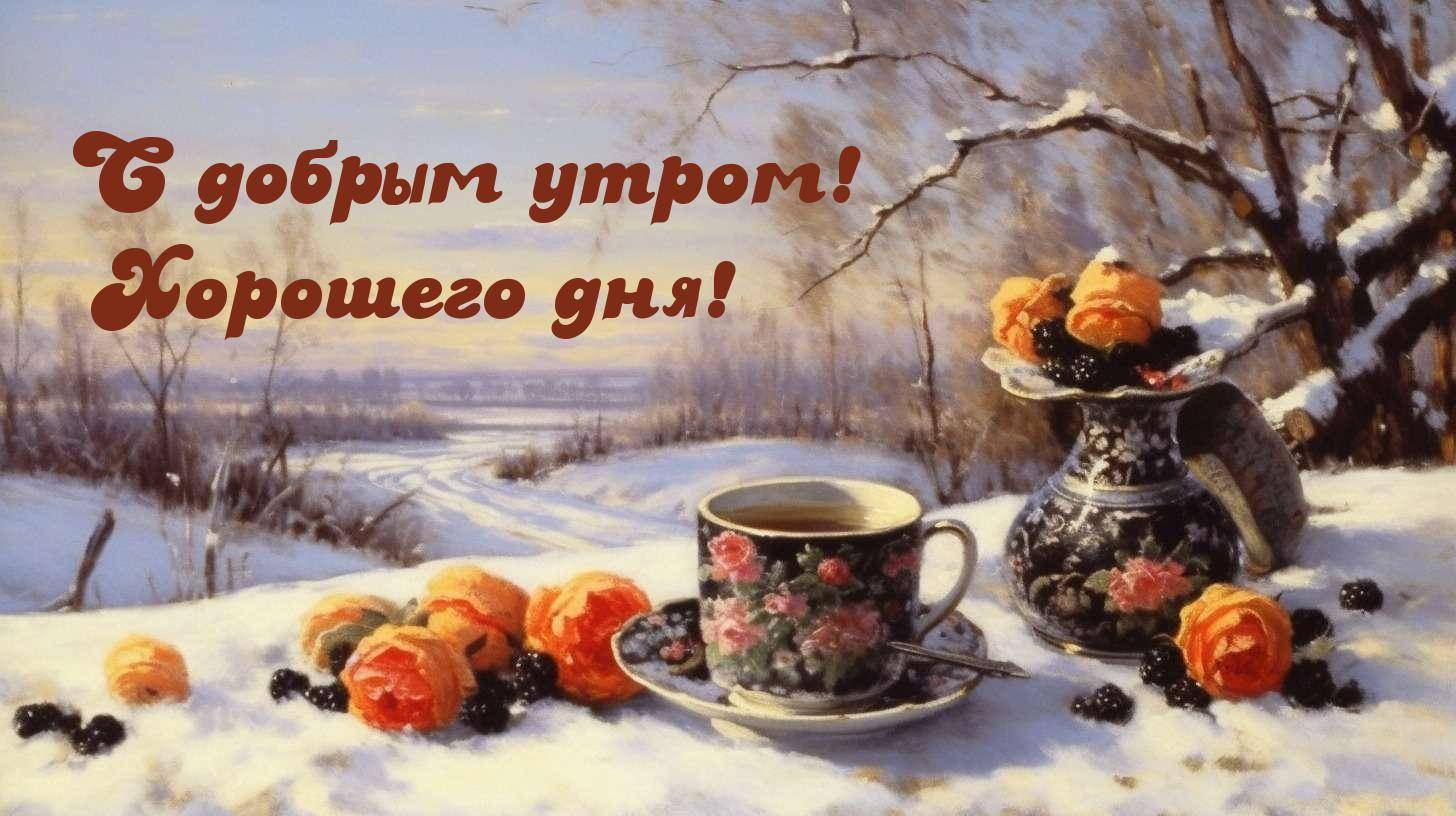 Солнечный зимний пейзаж с чашкой кофе