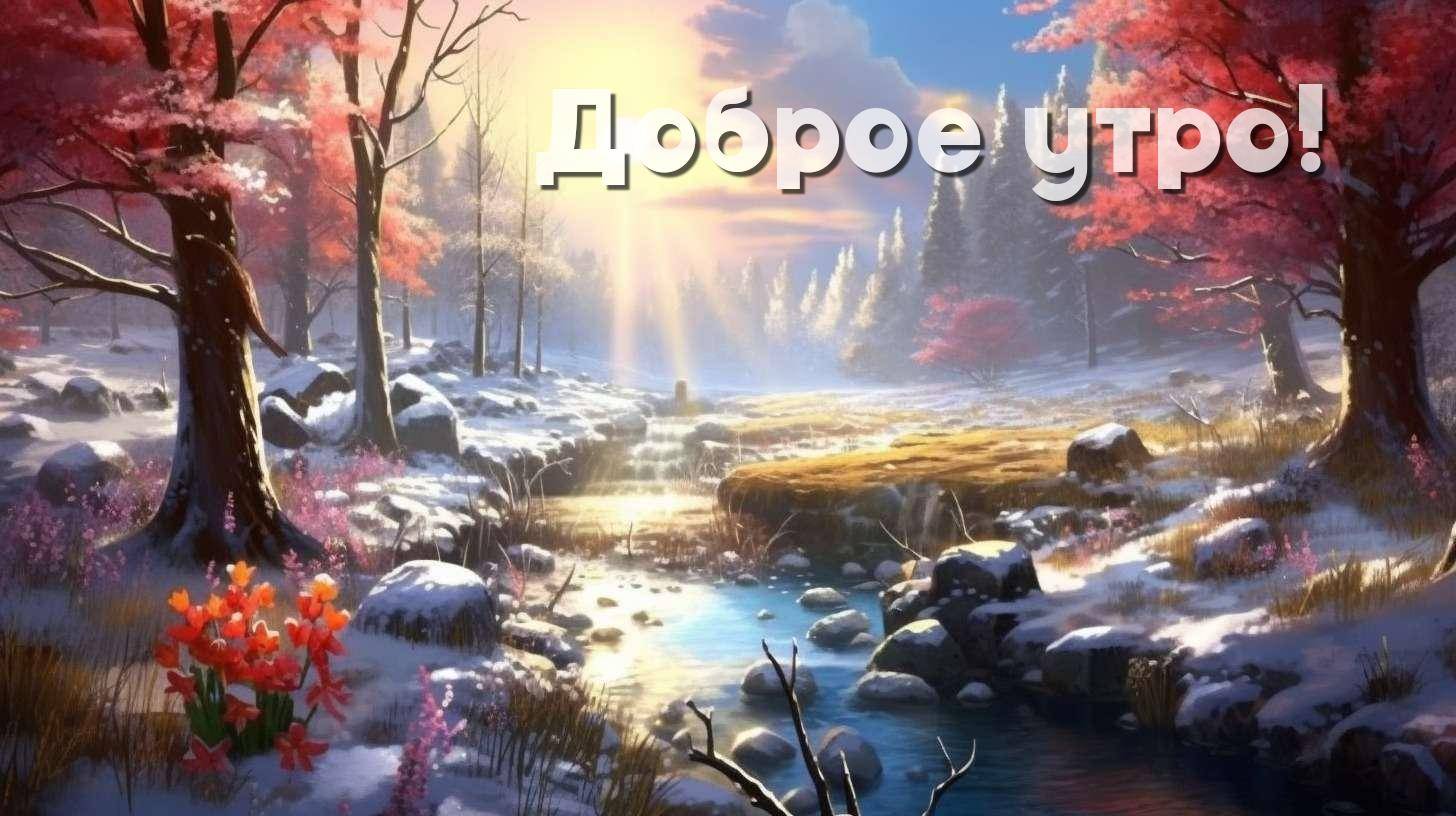 Солнце над снежным лесом, цветы пробиваются сквозь снег