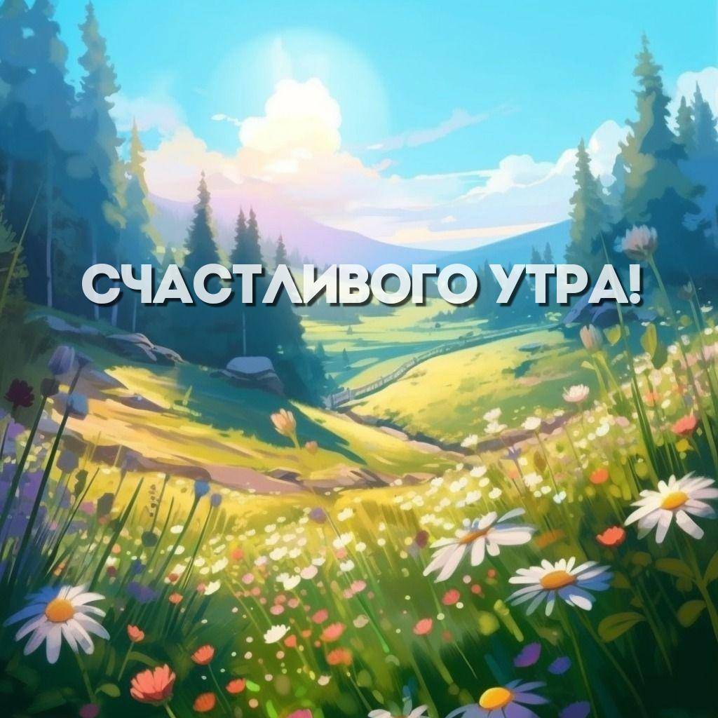 Солнце освещает зелёные холмы и цветочную поляну