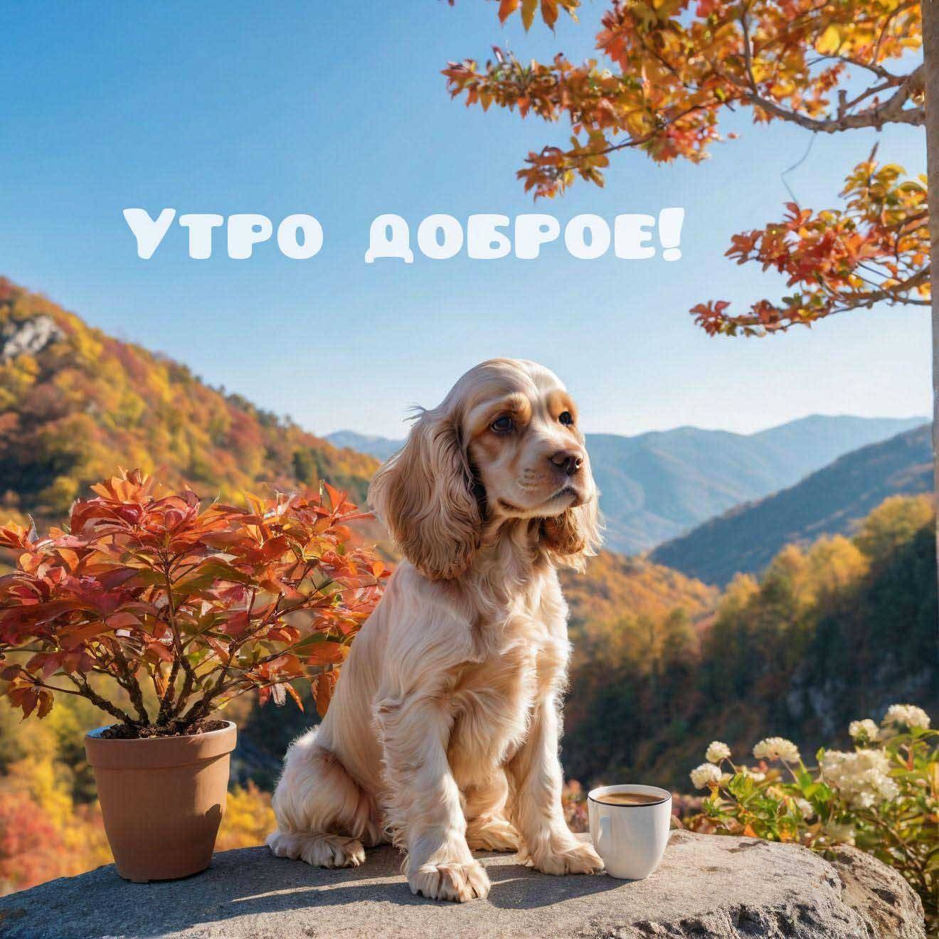 Спаниель, сидящий на камне рядом с белой чашкой