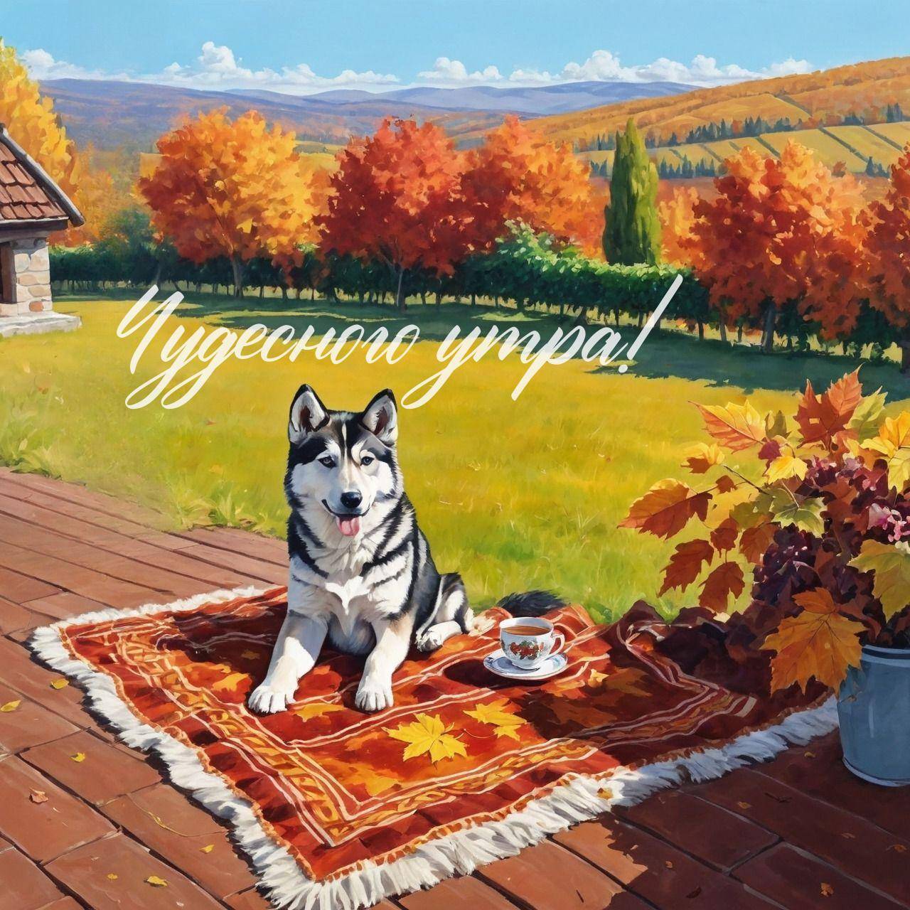 Спокойная собака, похожая на хаски, лежит на ковре с осенним узором