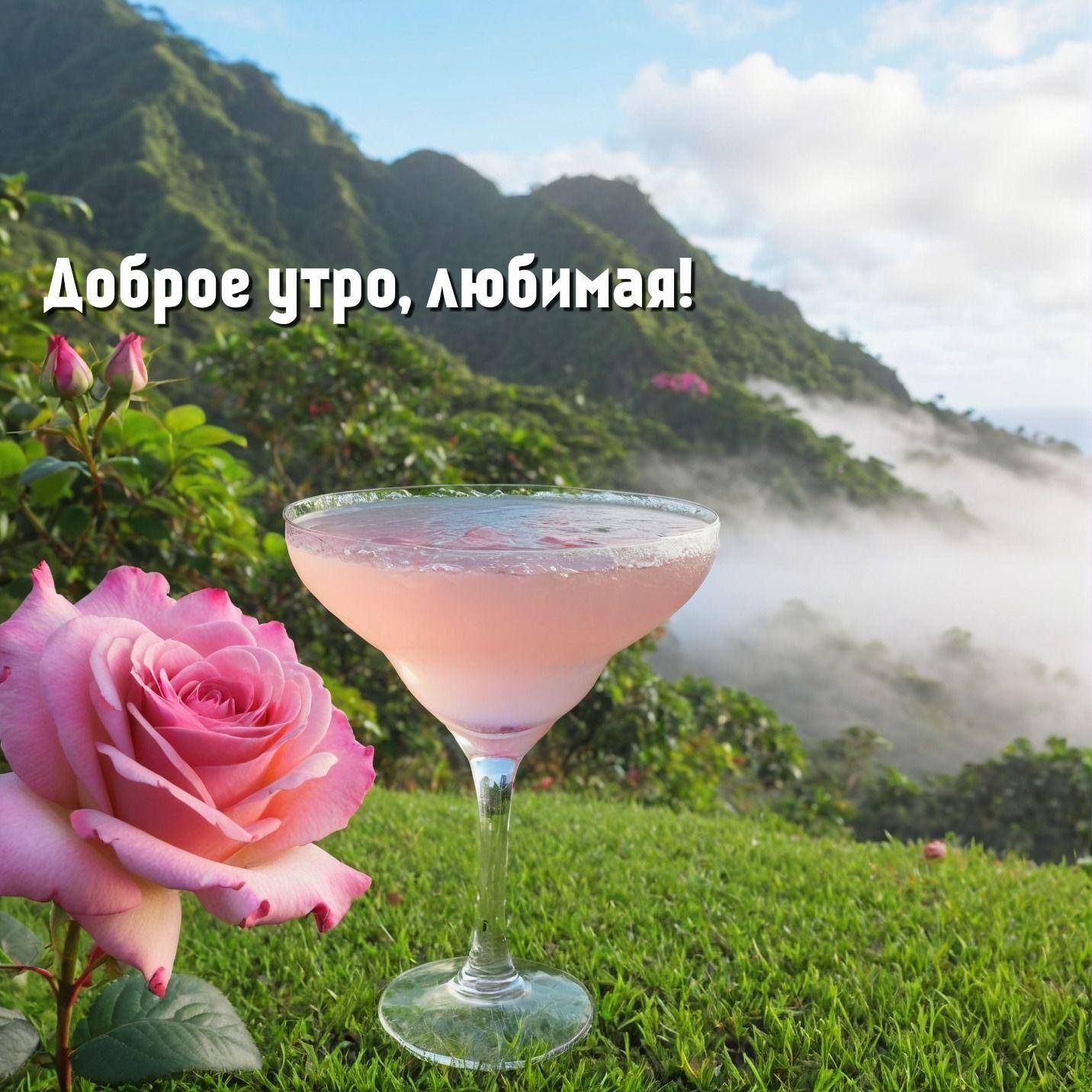 Стакан с коктейлем на траве, рядом роза