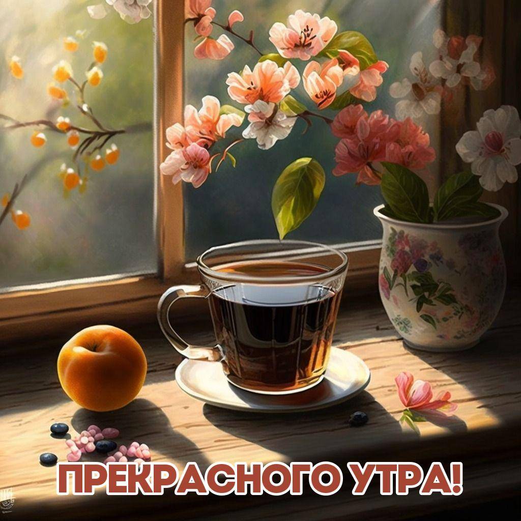 Стеклянная чашка с чаем и фруктами на подоконнике