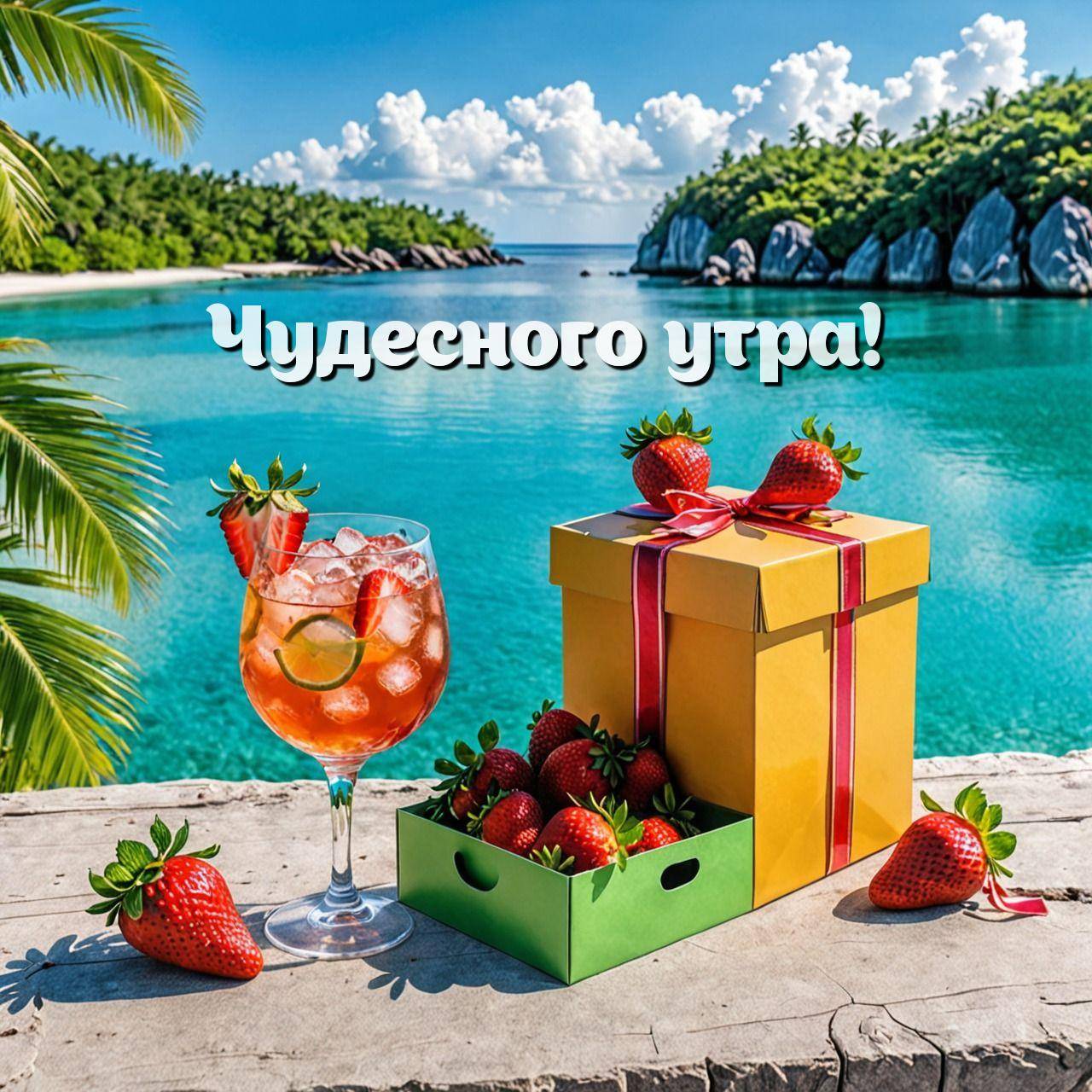 Стеклянный бокал с коктейлем и тропический пейзаж