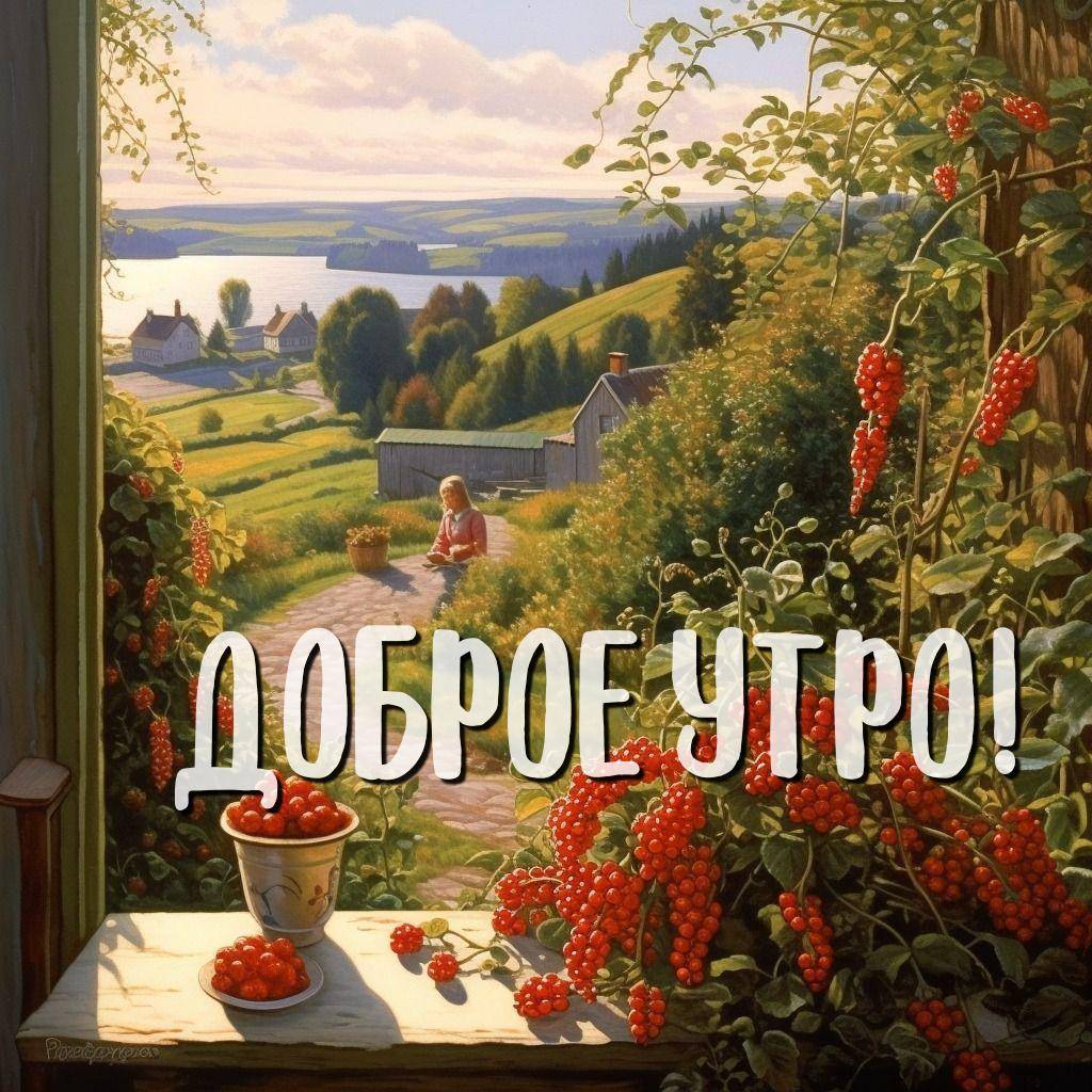 Стол с блюдами и пейзаж с деревьями и холмами