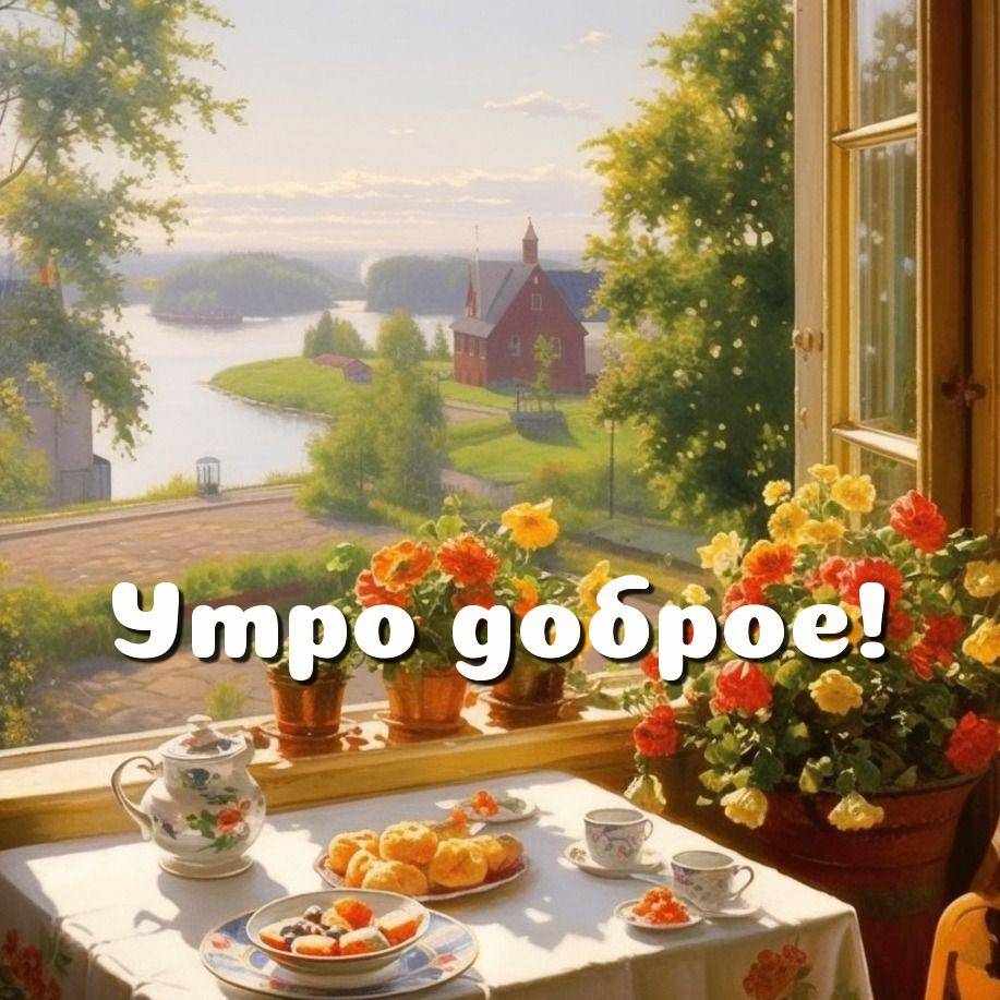 Стол с чайником, выпечкой и цветами на фоне вид из окна
