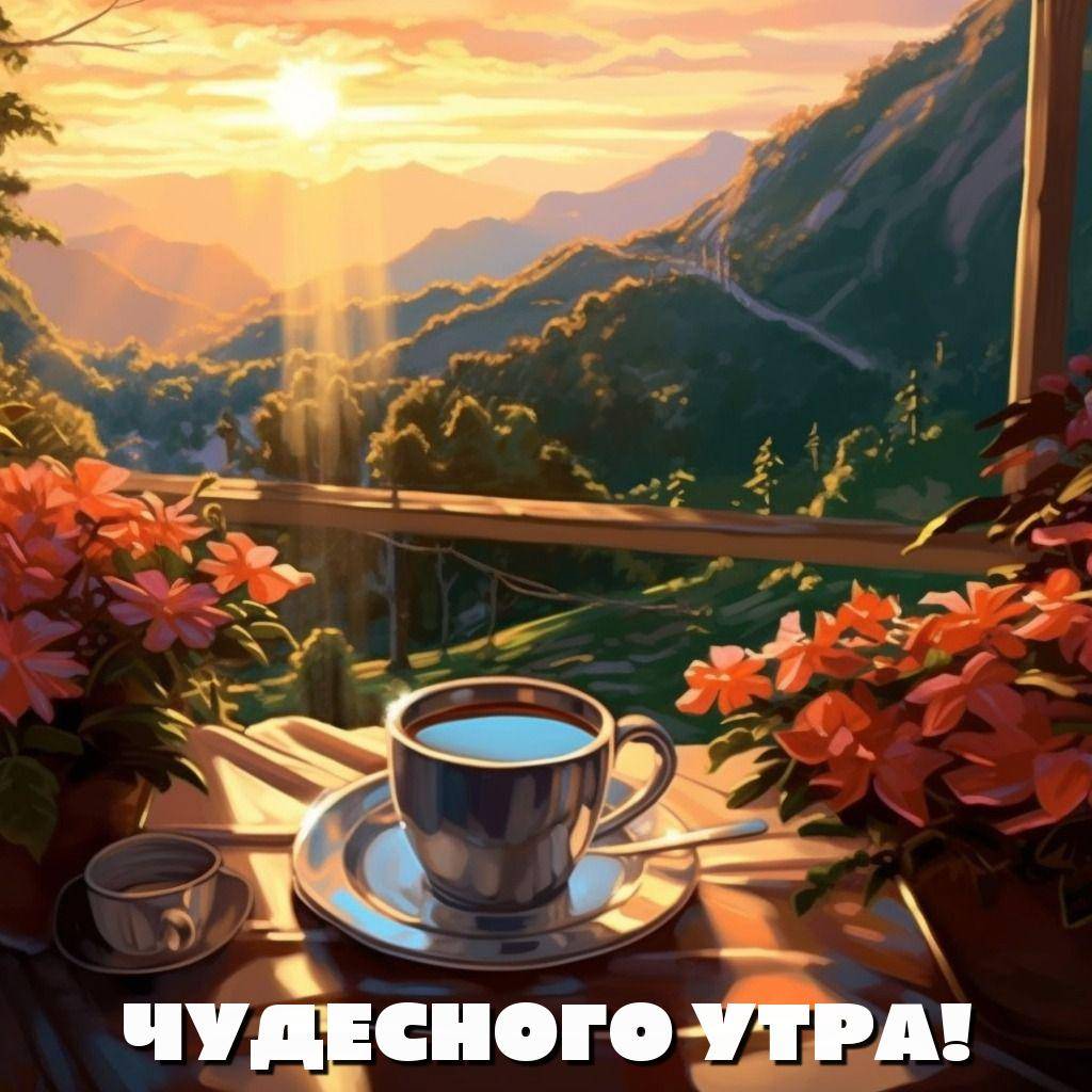 Стол с чашкой кофе и цветами на фоне гор
