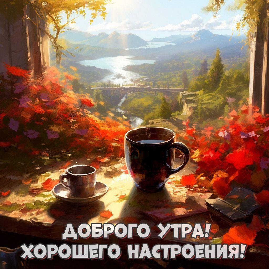 Стол украшеный роскошными красными и оранжевыми цветами и две чашки кофе
