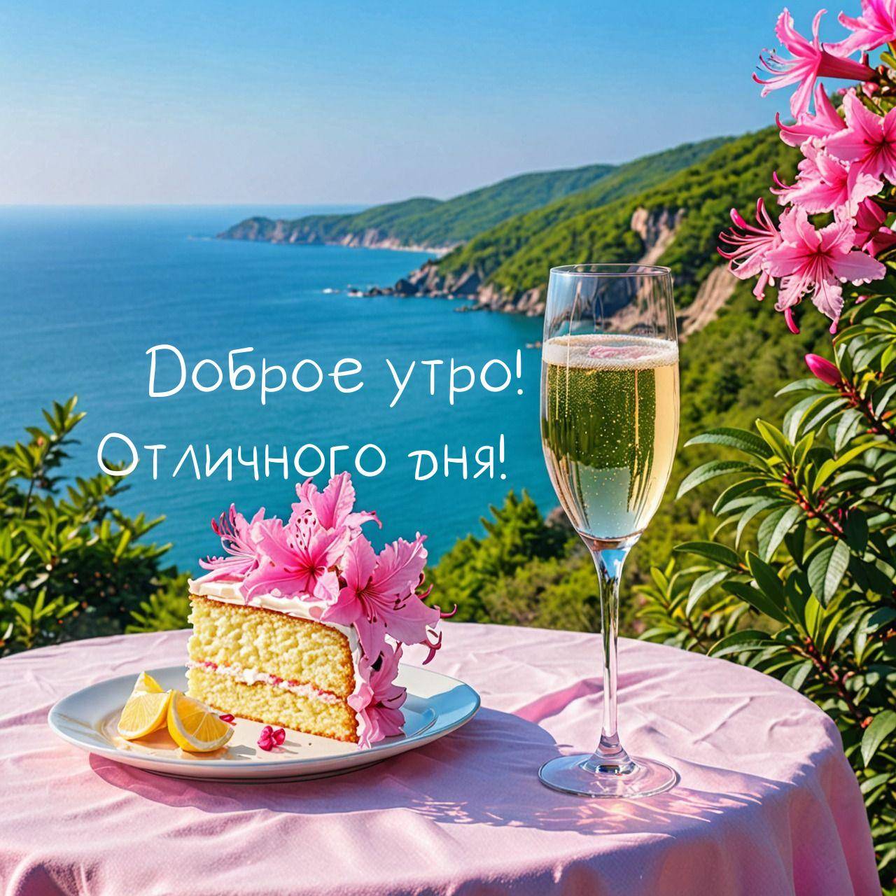 Столик с розовой скатертью, бокалом и свадебным тортом