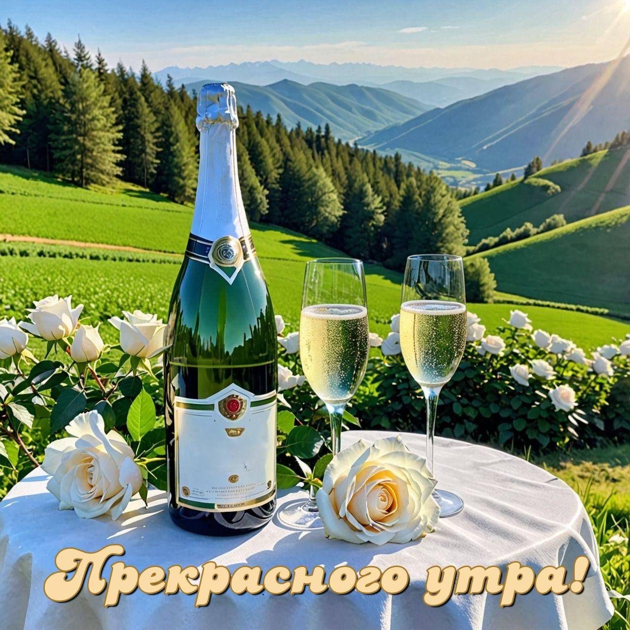 Сцена с бутылкой шампанского и двумя бокалами на столе