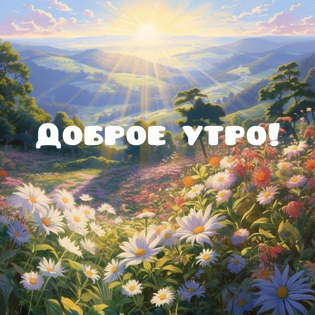 Сцена с рассветом, цветами и зелеными холмами