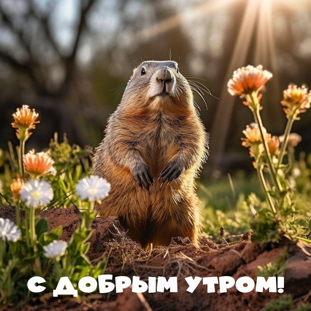Сурикат стоит среди цветов, любопытно наблюдая.