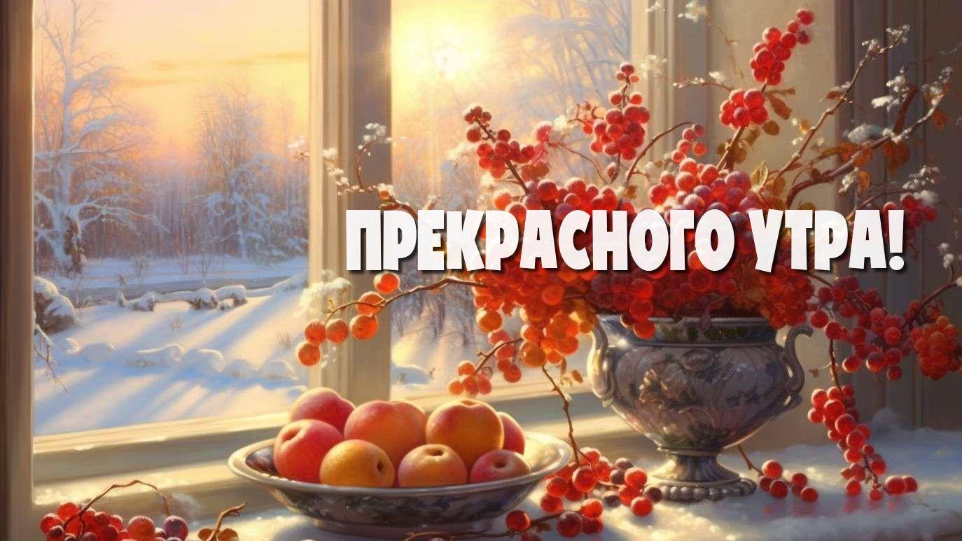 Свет нового дня через замерзшее окно, яркие ягоды и яблоки.