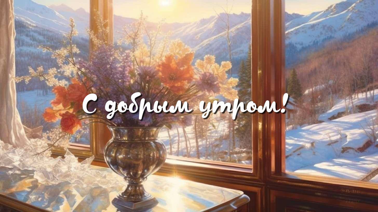 Светлое зимнее утро. Солнце освещает горы и комнату с цветами.