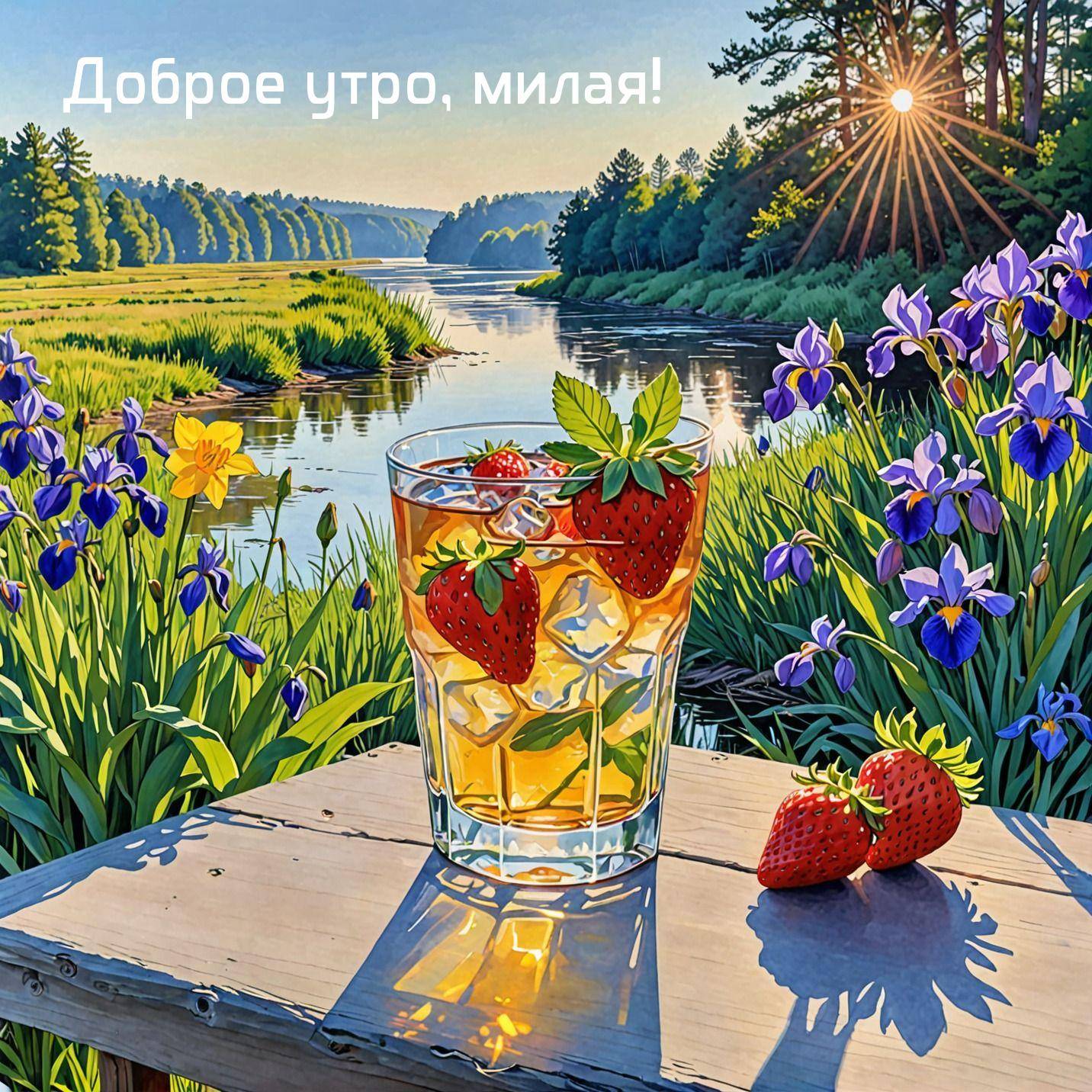 Свежий напиток с клубникой на фоне природы