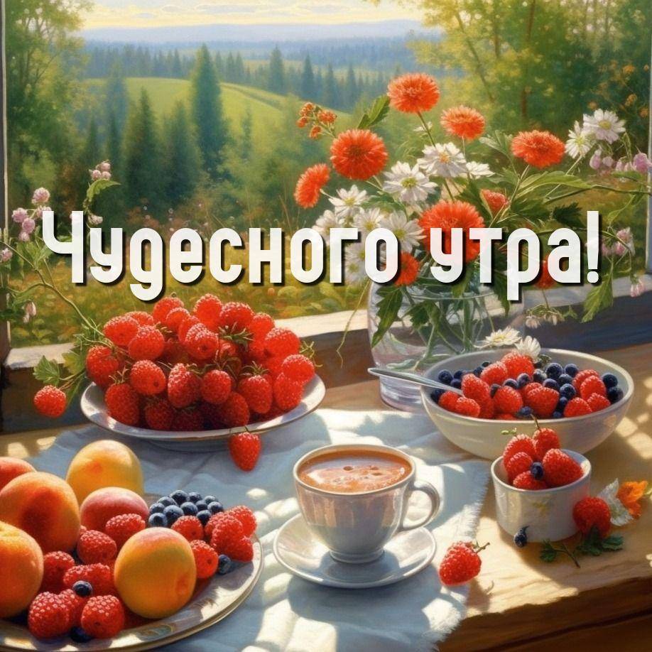 Тарелки с ягодами у окна: малина, черника, абрикосы