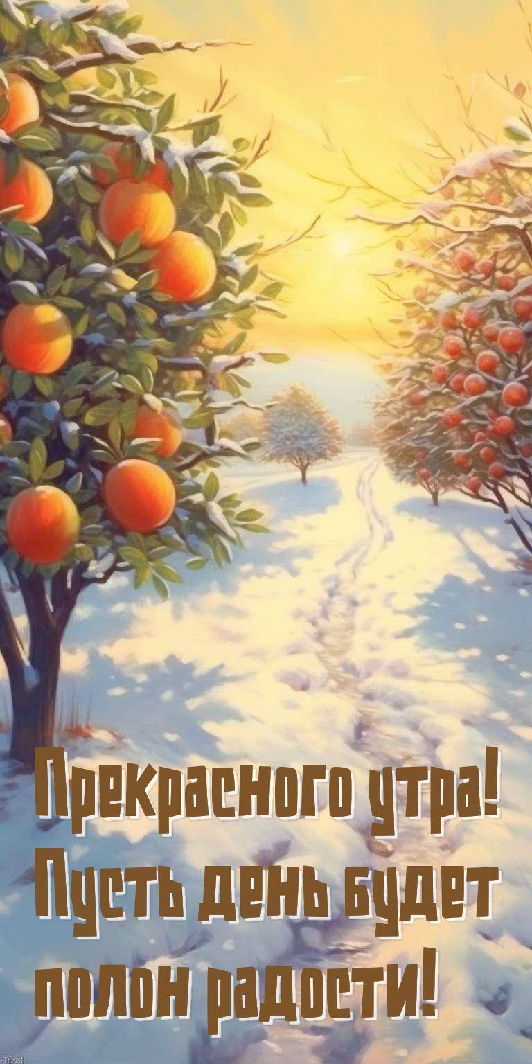 Теплый свет солнца озаряет заснеженный сад.