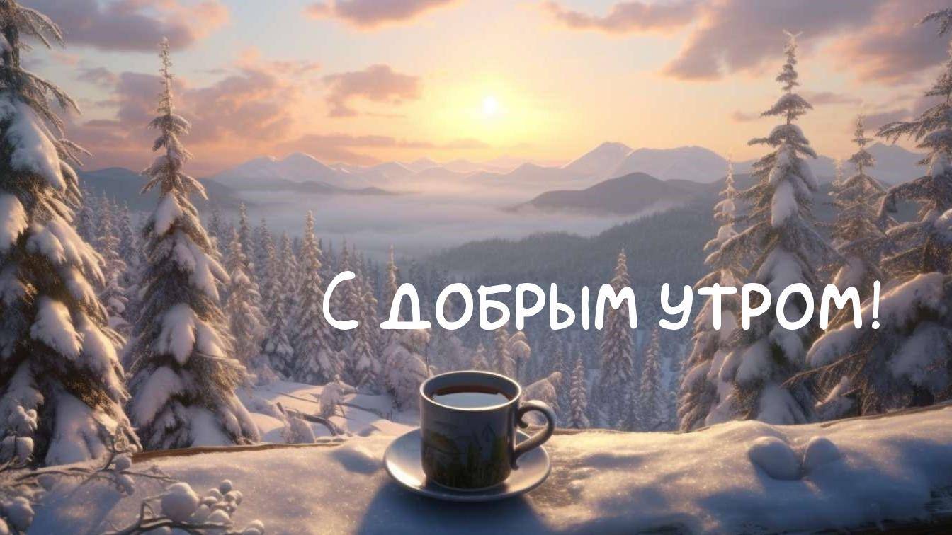 Теплый свет восходящего солнца над заснеженным лесом.