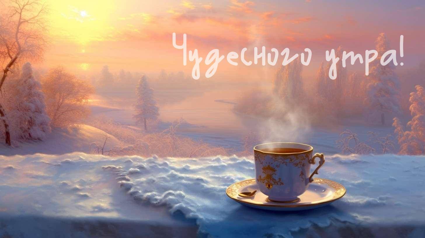 Теплый свет восходящего солнца озаряет заснеженный лес.