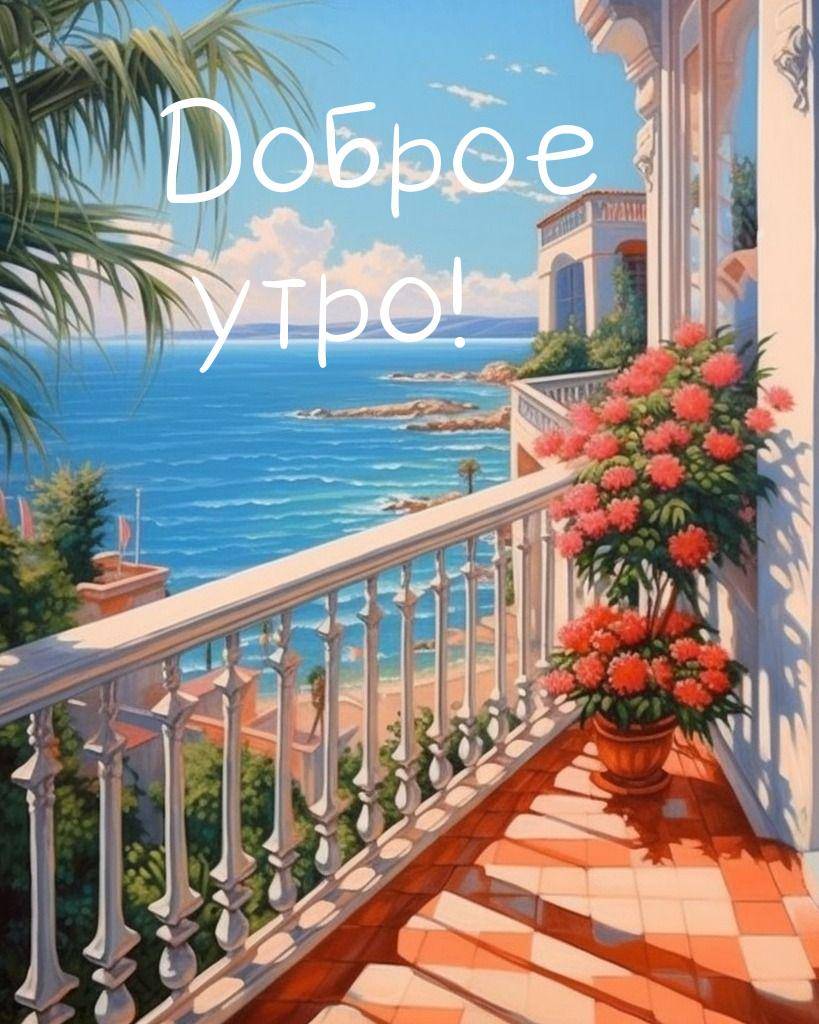 Терраса с видом на море, белые перила и цветы