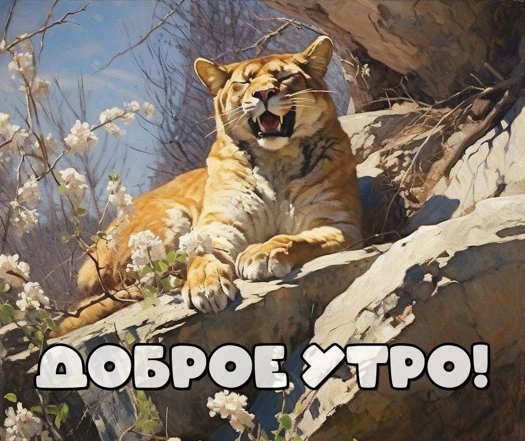 Тигр лежит на камне, зевая, весенняя атмосфера