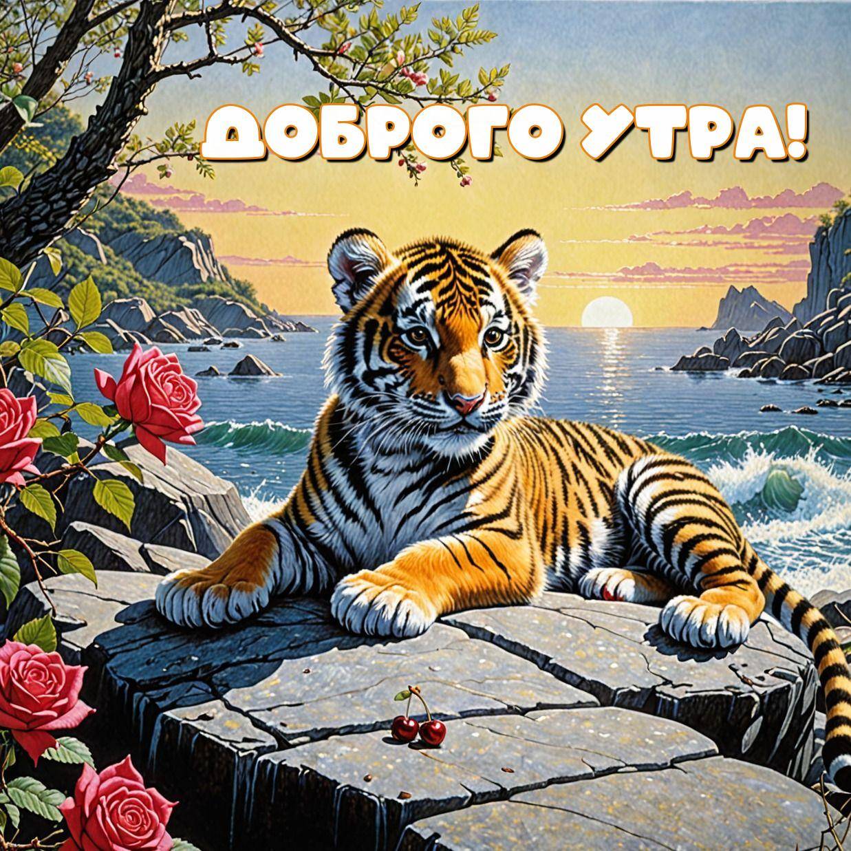 Тигр на каменном обрыве у моря, розы и рассвет