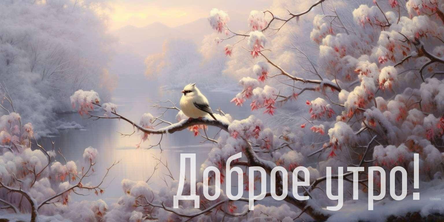 Тихое утро. Заснеженные ветви деревьев изящно изгибаются.