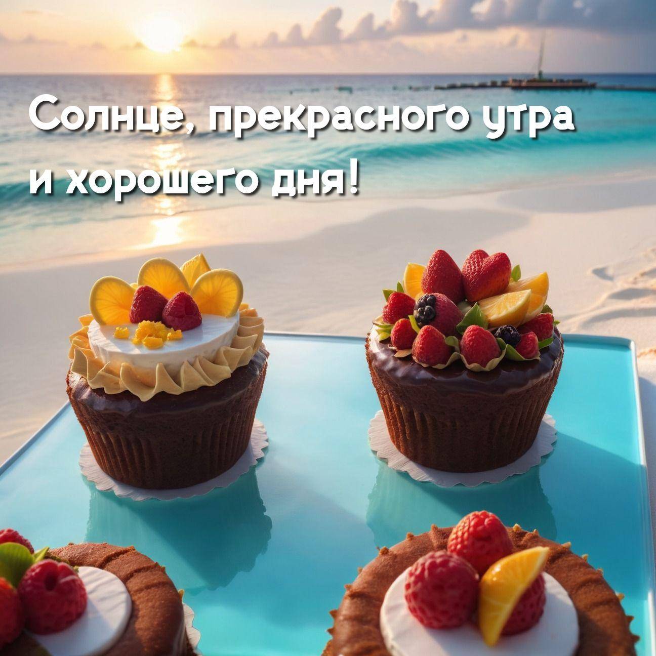 Три торта на голубом подносе у пляжа и рассвета