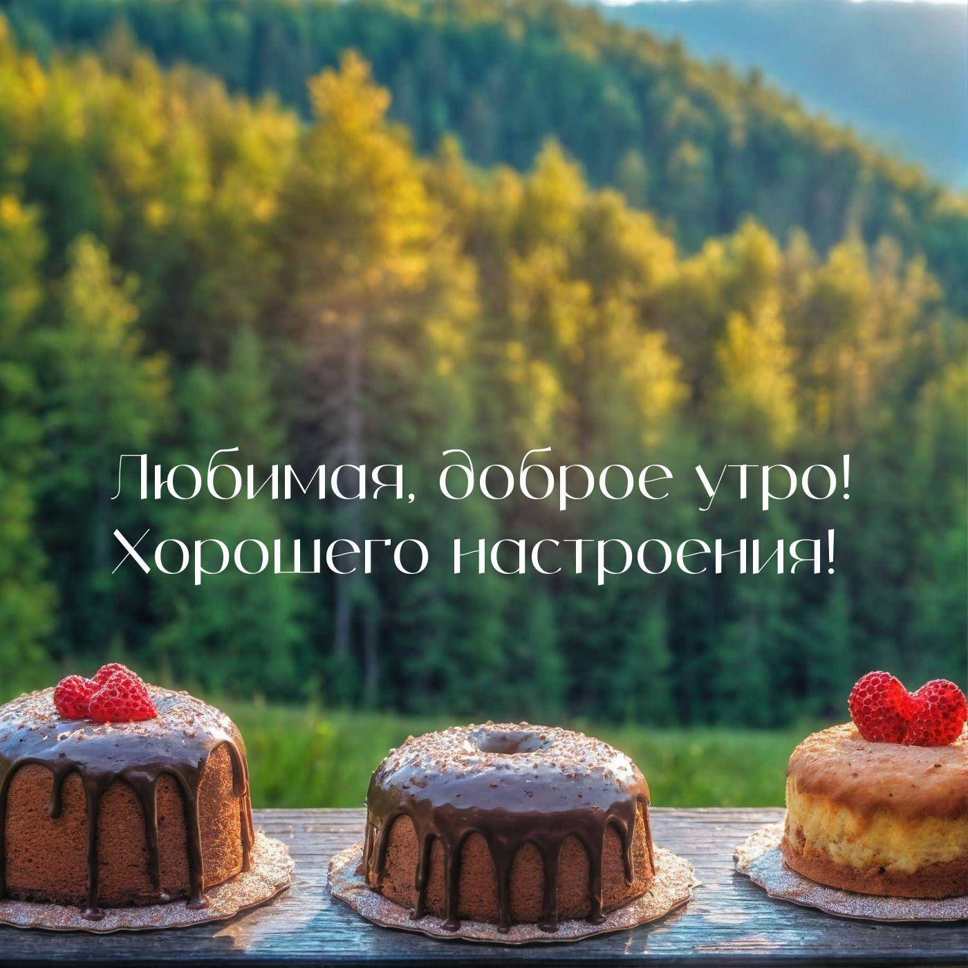 Три торта перед лесом на деревянной поверхности