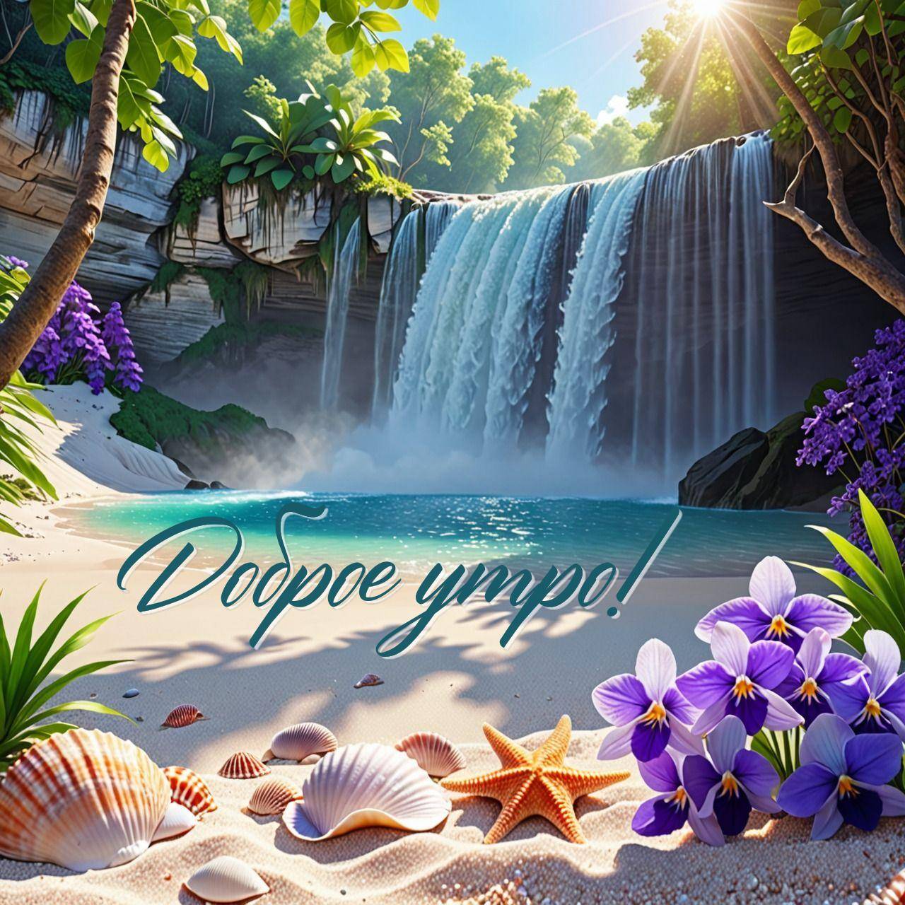 Тропическая сцена с пляжем, водопадом и растениями