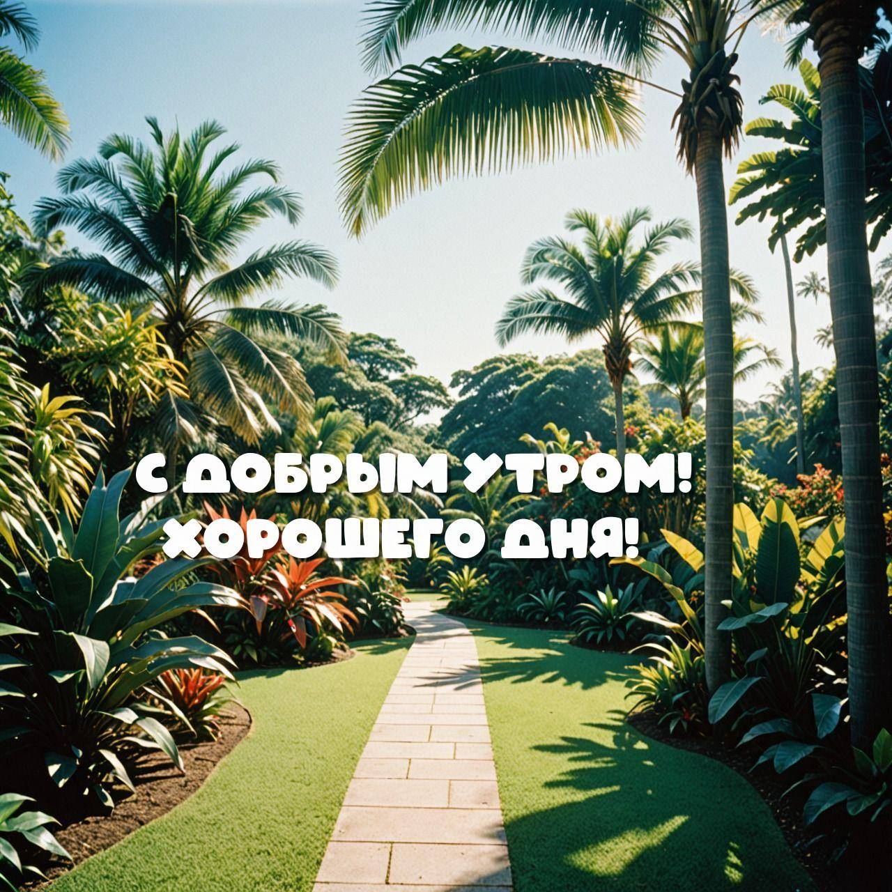 Тропическая улица с пальмами и плиточной дорожкой