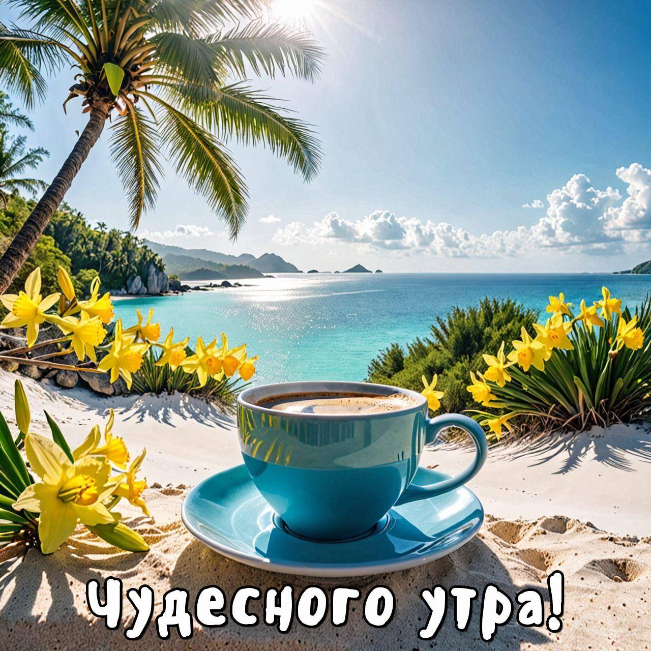 Тропический пейзаж с чашкой кофе и цветами