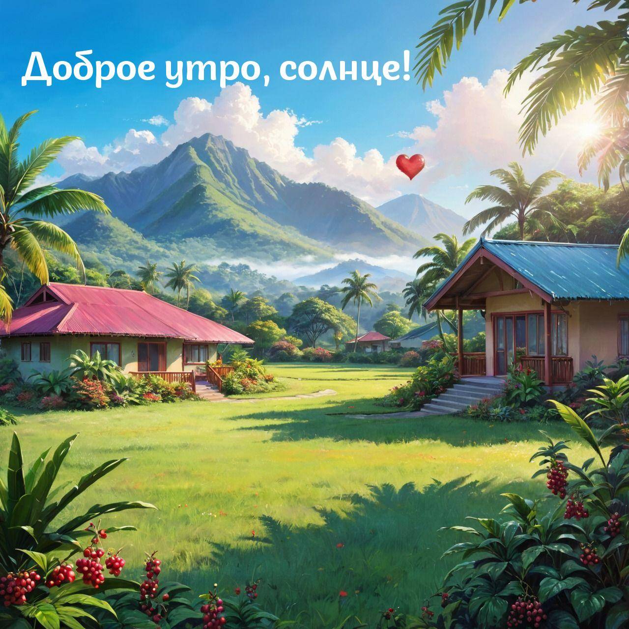 Тропический пейзаж с домами и сердцем на небе