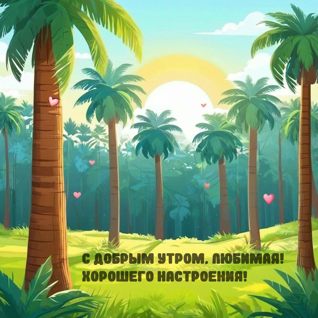 Тропический пейзаж с пальмами, солнцем и зеленью