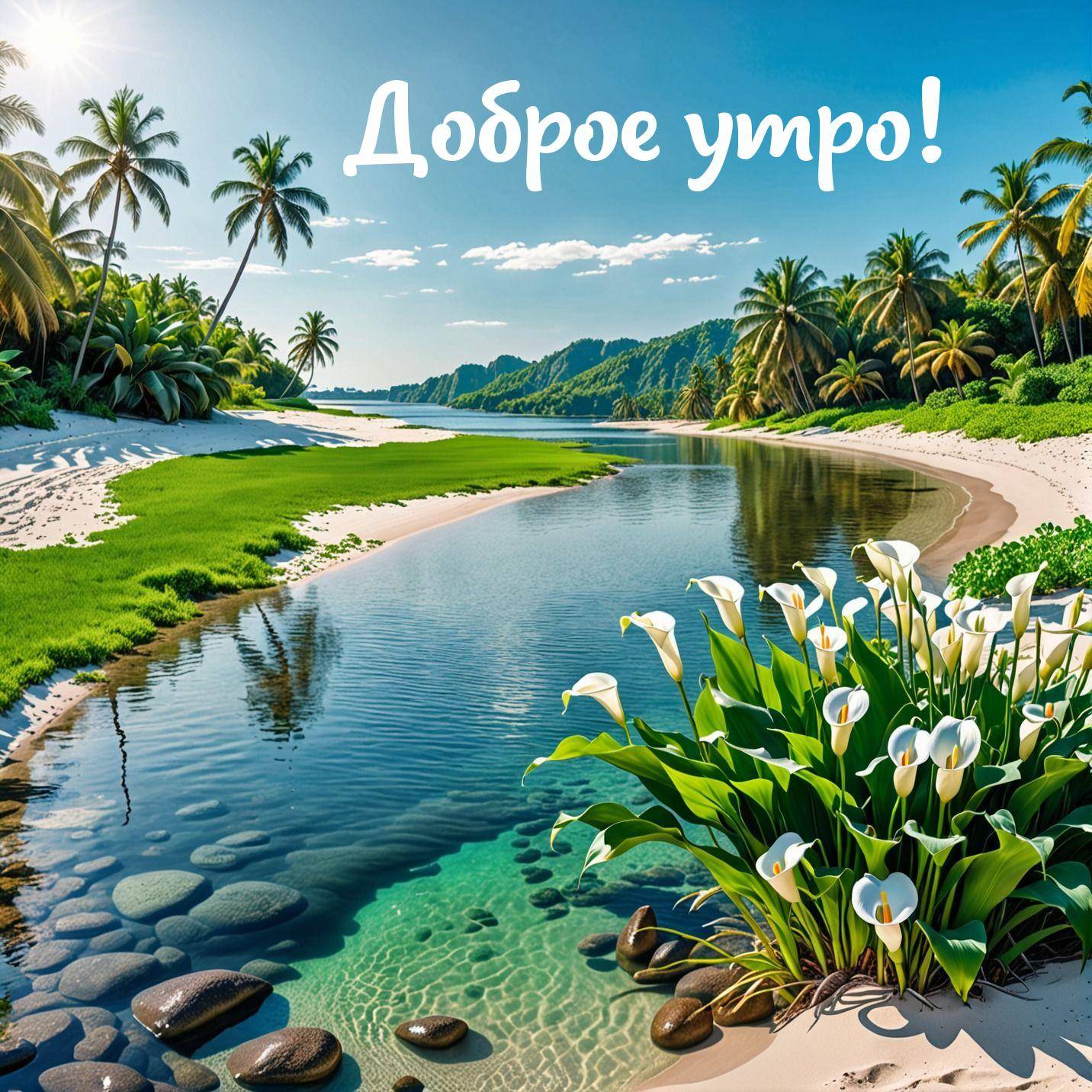Тропический пейзаж с рекой и пальмами