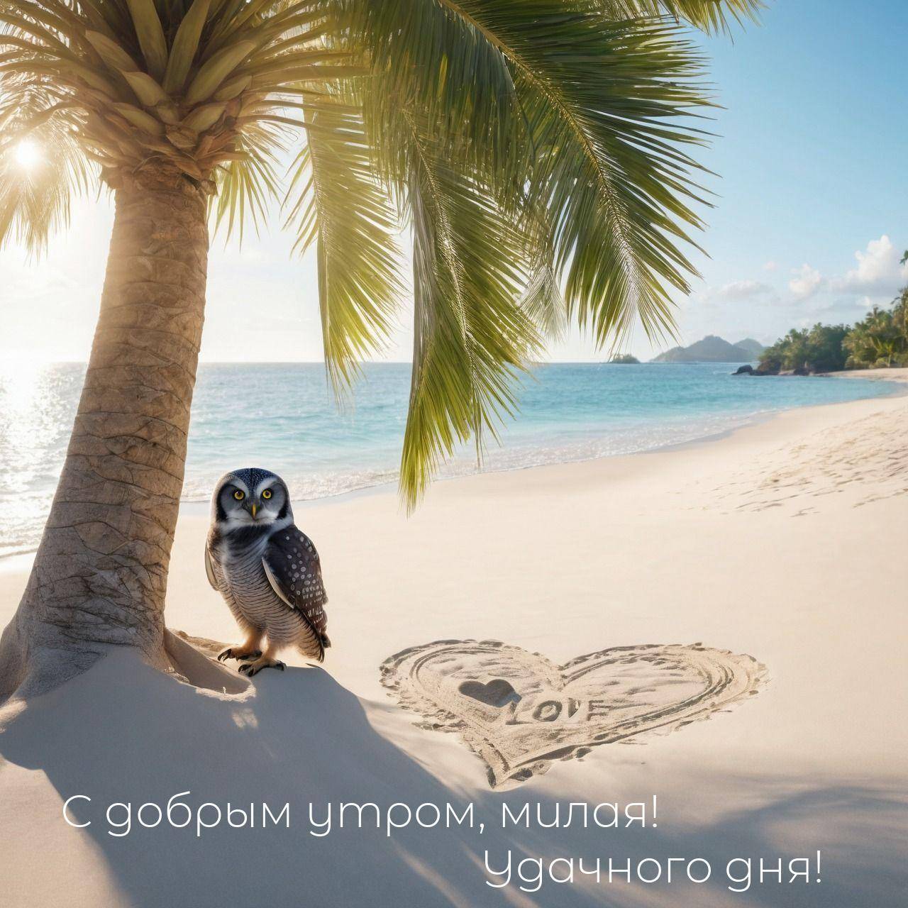 Тропический пляж с белым песком, пальмой и совой
