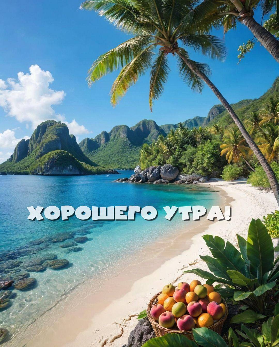 Тропическое побережье с корзиной фруктов