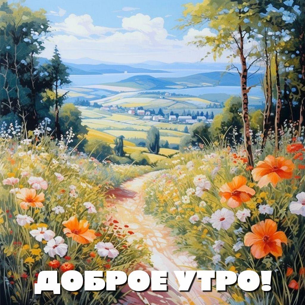 Тропинка среди цветов, деревня вдалеке