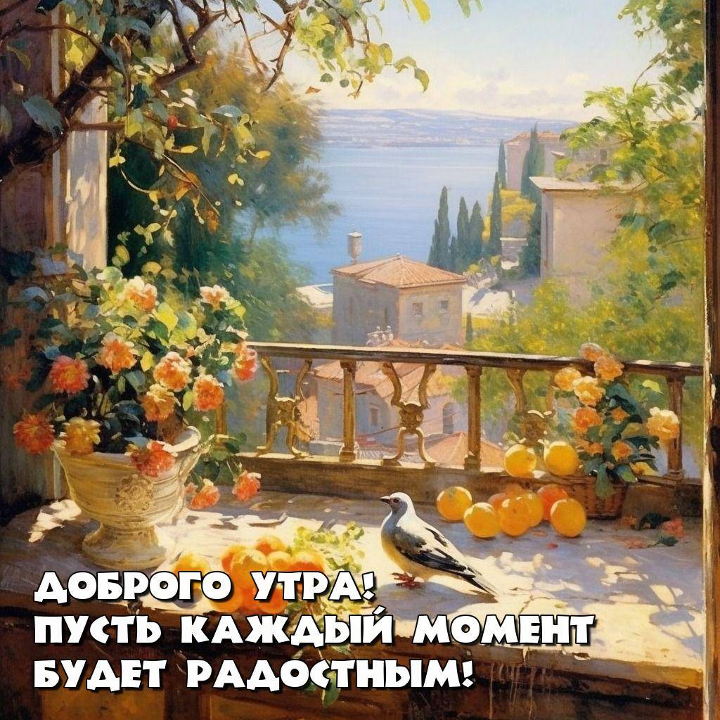 Цветы, апельсины и птица на балконе с видом на море
