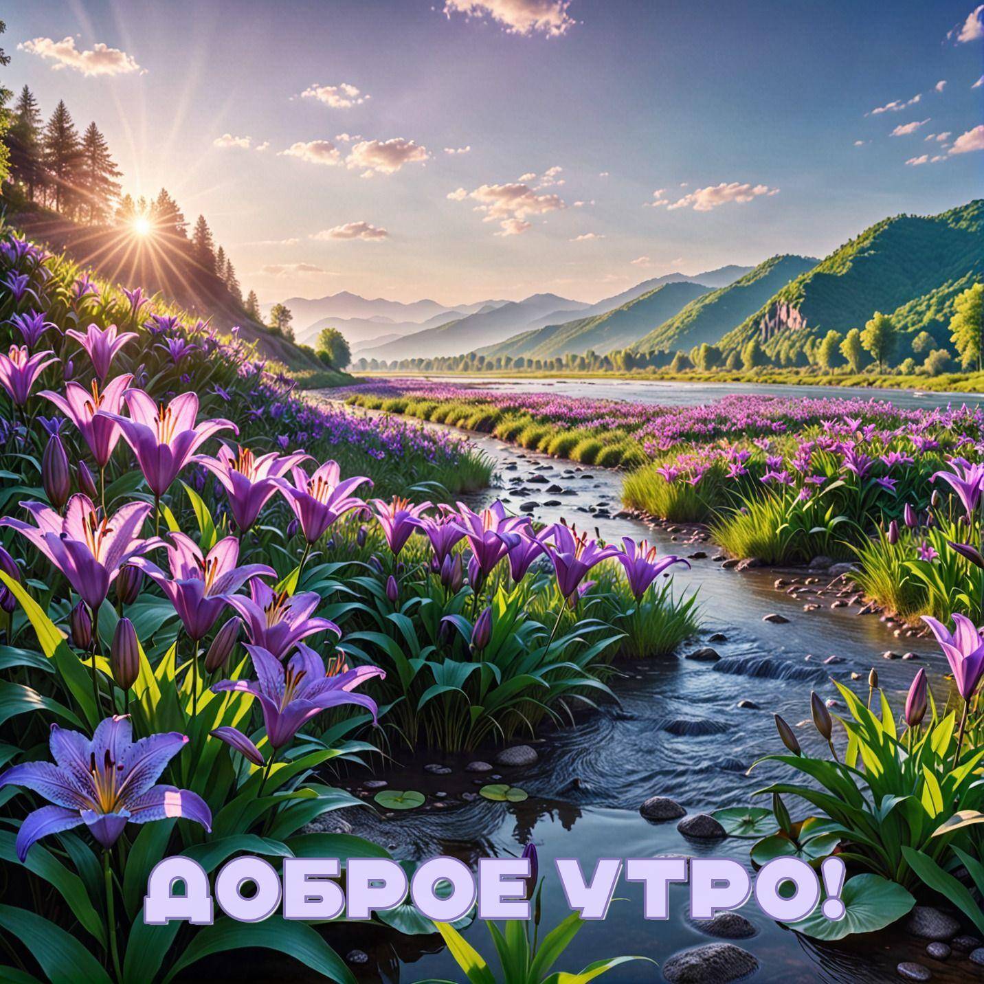 Цветы фиолетового цвета на фоне зелёных холмов и неба