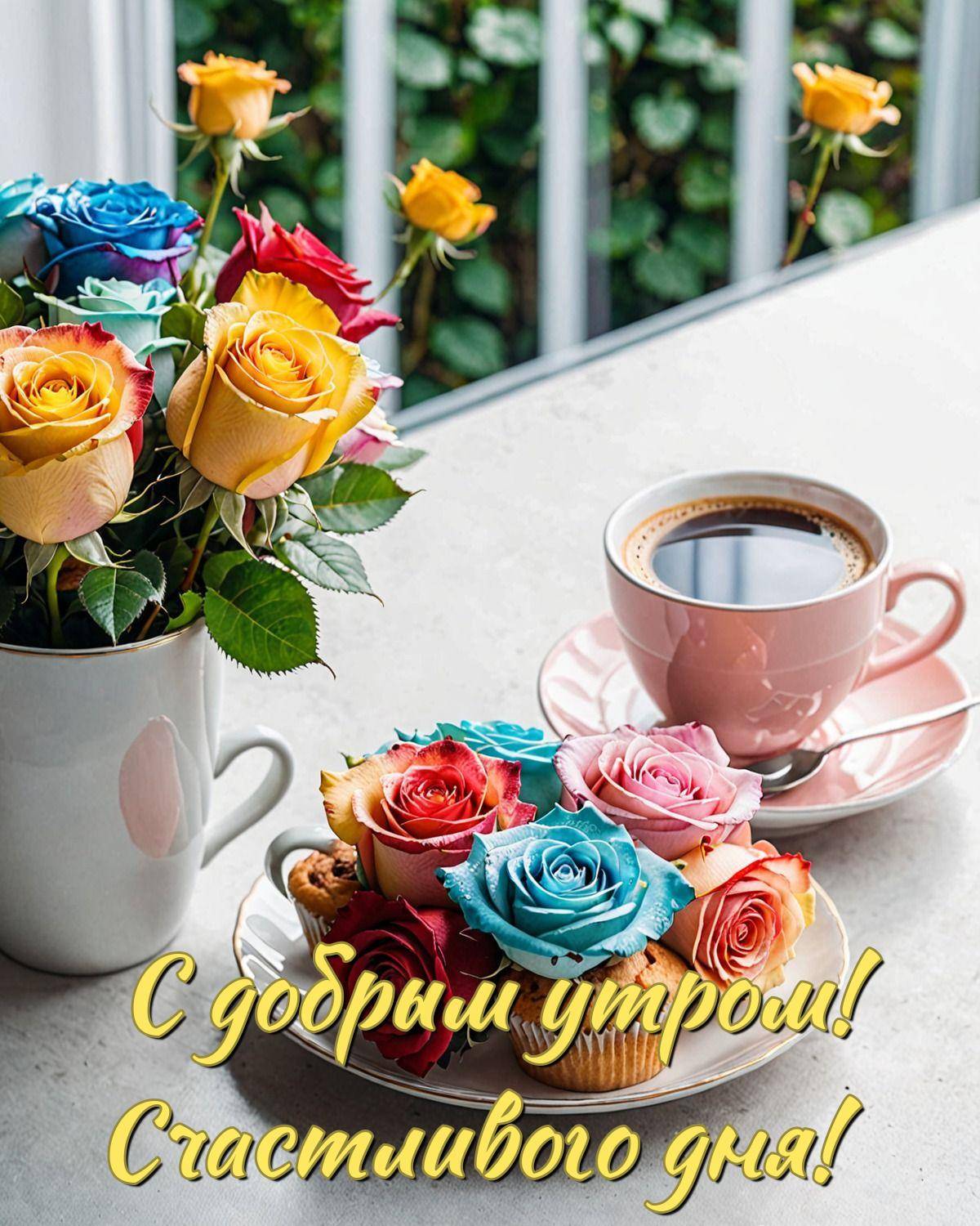Цветы, кексы и кофе на утреннем чаепитии