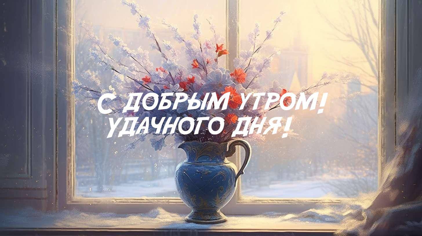 Цветы в голубой вазе на фоне заснеженного окна